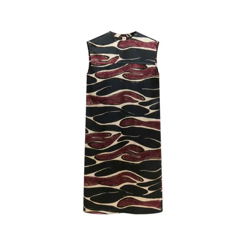 Marni Women Black Viscose Dress With Crimson Wave Print